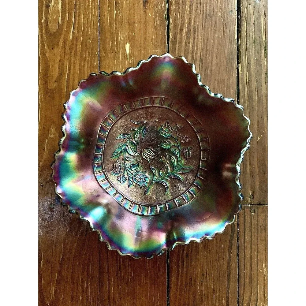 Antique Dugan Amethyst Windflower Iridescent Carnival Glass Ruffled Bowl 8
